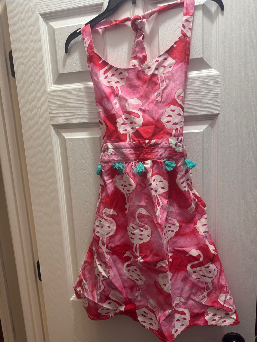 Anthropologie Pink Flamingo Print Adult Apron with Tassel Detail